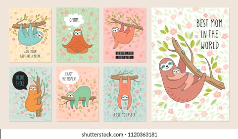 Set of cards with cute hand drawn sloths hanging on the tree. Lazy animal characters. Jungle animal flyers collection.