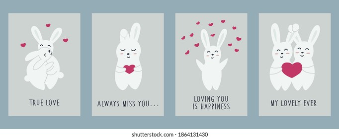 Set of cards with cute hares or rabbits for Valentines Day. On a blue background. Holiday valentines. Vector illustration in doodle style hand drawing. Happy Valentines Day. February card or poster