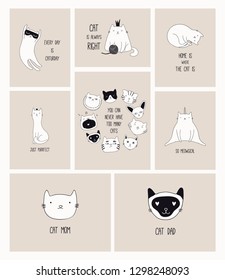 Set of cards with cute monochrome doodles of different cats with funny quotes for cat lovers. Hand drawn vector illustration. Line drawing. Design concept for poster, t-shirt, fashion print.