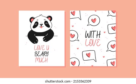 A set of cards with a cute panda. Panda with a heart and text love you baby much, money with hearts and text with love. Vector cartoon illustration of a postcard.