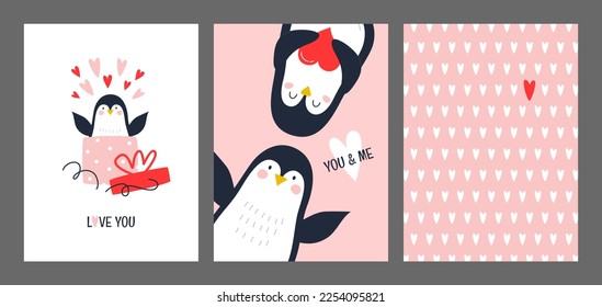 A set of cards with a cute penguin, hearts and text. Vector illustration on a pink background for the holiday.