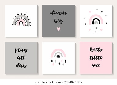 A set of cards with a cute ranbows. Baby shower. Suitable for postcards, posters, printing, children's room. Creative vector childish background for fabric, textile