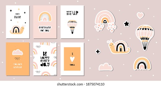 Set of cards with cute snails and rainbows. Motivational phrases for children. Snail, razuga, heart, text, balloon, star, cloud. Printing on a poster, postcard, clothing.