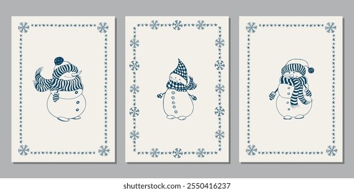 Kartenset mit süßen Schneemännern und Schneeflocken-Rahmen. Handgezeichnete Vektorgrafik.