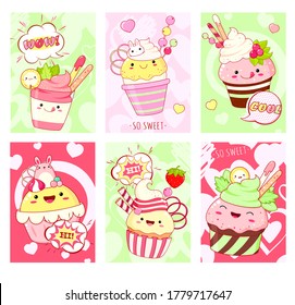 Set of cards with cute sweet desserts in kawaii style with smiling face and pink cheeks. Ice cream, cake, sundae kids, cupcake, donuts. Collection of banner, background, flyer, placard. Vector EPS8