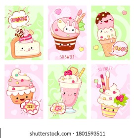 Set Of Cards With Cute Sweet Desserts In Kawaii Style With Smiling Face And Pink Cheeks. Ice Cream, Cake, Sundae Kids, Cupcake, Donuts. Collection Of Banner, Background, Flyer, Placard. Vector EPS8