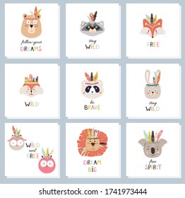Set of cards with cute tribal, indian animals faces and decorative hand drawn text. Vector childish illustration for print, fabric design, cards, invitations. 