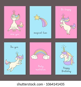 Set of cards with cute unicorns. Vector illustration.