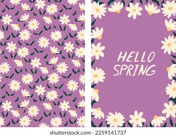 Set of cards with daisy flowers on a purple background. Floral pattern seamless and floral greeting card.