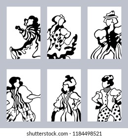 Set of cards of the dancing happy people in the folk costumes on a white background. Vector illustration.