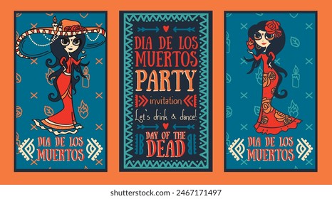 Set of cards for Day of the dead with doodle cute traditional women, vector illustration