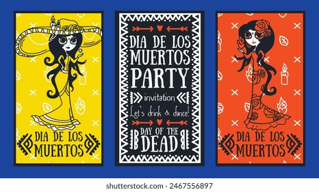 Set of cards for Day of the dead with doodle cute traditional women, vector illustration