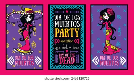 Set of cards for Day of the dead with doodle cute traditional women, vector illustration