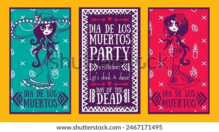 Set of cards for Day of the dead with doodle cute traditional women, vector illustration