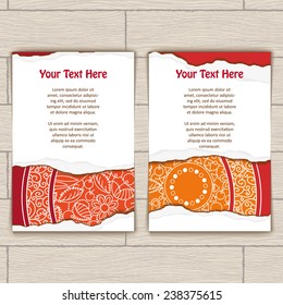 Set of cards decorated with red and gold mandala and torn paper