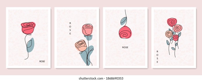 Set cards decorated and rose line drawing  Scribble simple design elements for greeting card  invitation  wedding  invite  love  Colorful minimal cartoon style  Flat design Vector illustration 