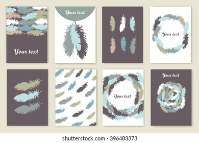 a set of cards with decorative feathers. vector illustration