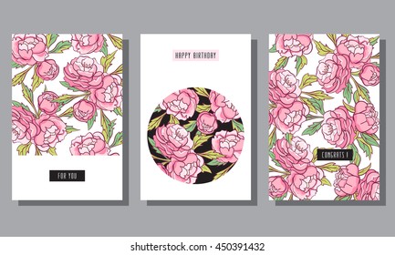 Set of cards with delicate pink peonies. Greeting cards or posters. Floral background.