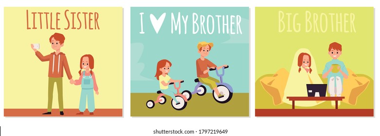 Set of cards depicting good family relationships between brother and sister, flat vector illustration. Brother and sister cartoon characters spending time together.