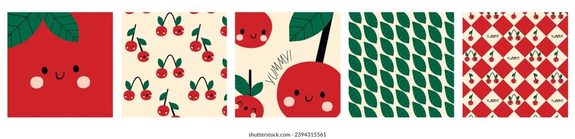 set of cards design and seamless patterns with cute fresh cherry and greenery. Summer print with Cherry. Cute print for fabric or wallpaper. Cute berry character illustration