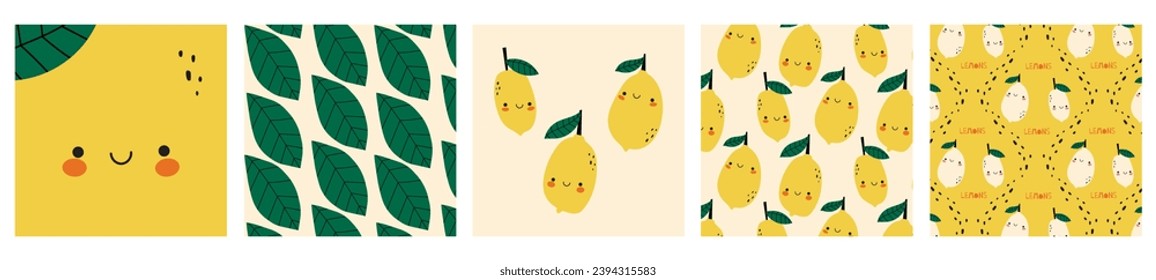 conjunto de tarjetas de diseño y patrones sin fisuras con limones y vegetación frescos lindos. Impresión de verano con limón. Impresión de corte para tela o papel pintado. Ilustración de carácter de fruto mate