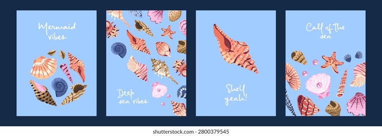 Set of cards designs with seashells. Postcards from sea resort with shells. Templates for summer vacations with cockleshells, scallops, mollusks and different conches. Flat vector illustrations