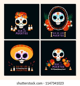 Set of cards for Dia de los Muertos (Day of the Dead), Mexican holiday. Different sculls with traditional elements.