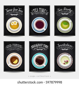 Set of cards with different cups of coffee and tea. Sketch on the chalkboard. Imitation of chalk sketch