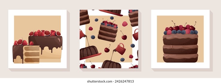 Set of cards with different desserts with chocolate biscuits, strawberry, orange, tangerine, raspberry. Baking, cooking, sweet food, dessert, pastry for poster, banner, cover, card, postcard, menu.