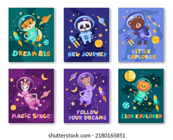 Set of cards with different sign slogans and cute animals astronauts in space suits. Hand drawn vector illustration for children print design, nursery invitation, notebook cover or greeting cards.