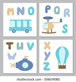 Set of cards with different type of transport and hand drawn rounded alphabet letters. Baby boy nursery wall art prints in blue and brown colors. Vector illustration