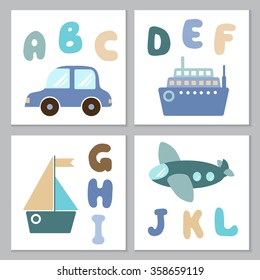 Set of cards with different type of transport and hand drawn rounded alphabet letters. Baby boy nursery wall art prints in blue and brown colors. Vector illustration