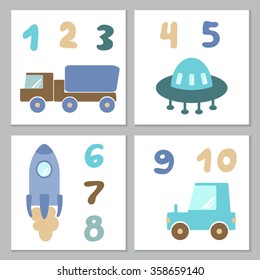 Set of cards with different type of transport and hand drawn rounded numbers. Baby boy nursery wall art prints in blue and brown colors. Vector illustration