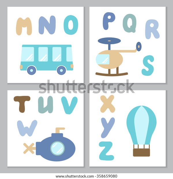 Set of cards with\
different type of transport and hand drawn rounded alphabet\
letters. Baby boy nursery wall art prints in blue and brown colors.\
Vector illustration