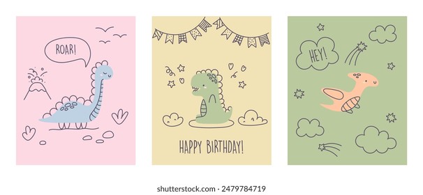 Kartensatz mit Dinosauriern. Happy Birthday Grußkarten mit Tieren, Luftballons und Pflanzen. Grußkarten, Poster, Einladungen, Banner. Handzeichnung. Vektorillustration im skandinavischen Stil