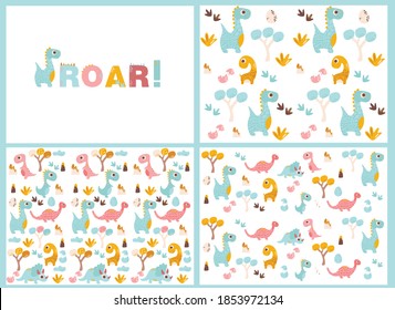 set with cards with dinosaurs, vector illustration of posters with dinosaurs, trees, tracks and inscriptions