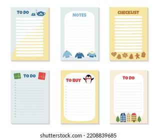 Set of cards for To Do, To Buy Lists and Checklist. Template with cute winter elements. Vector illustration