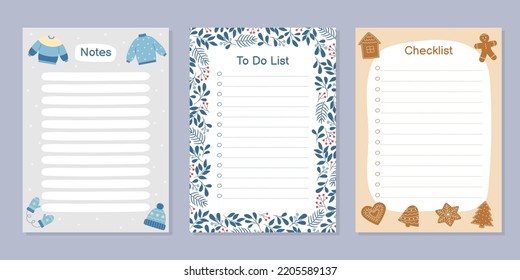 Set of cards for To Do List, Checklist and Notes. Template with cute winter elements. Vector illustration