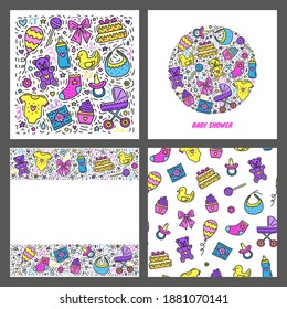 Set of cards with doodle colored baby shower icons isolated on grey background. Composition, poster and seamless pattern.