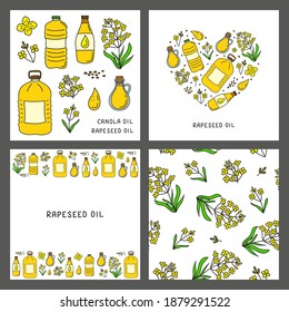 Set of cards with doodle colored canola or rapeseed oil, flowers isolated on grey background. Composition, poster and seamless pattern.