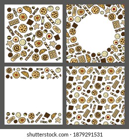 Set of cards with doodle colored cookies, waffles and candies isolated on grey background. Composition, poster and seamless pattern.