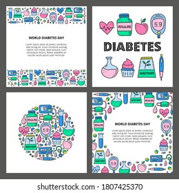 Conjunto de tarjetas con elementos diabéticos coloreados con doodle, incluyendo pluma de insulina, bomba, tomacorriente, gotero, glucómetro, cupcakes, flask, sweetener, heart, test tube y texto aislados en fondo gris.