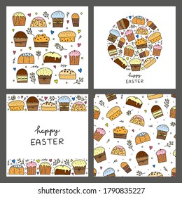 Set of cards with doodle colored Easter kulich cakes or Christmas panettones and pussy willows, hearts, dots isolated on grey background.