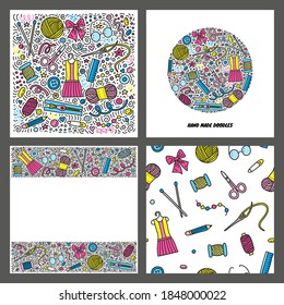 Set of cards with doodle colored hand made icons isolated on grey background.