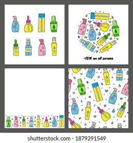Conjunto de tarjetas con suero de cuidado de la piel de color doodle, ampolla, frascos de esencia aislados en fondo gris. Composición, afiche y patrón sin fisuras.