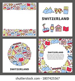 Set of cards with doodle colored Switzerland travel icons including cheese, chocolate, cable car, train, cow, Alpine mountains, house chalet, fondue, alphorn, wine, milk, etc. Space for text.