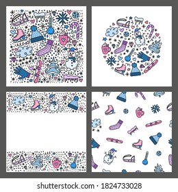 Set of cards with doodle colored winter icons on grey background. Seasonal posters.