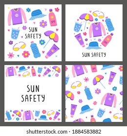 Set Of Cards With Doodle Colorful Sun Safety Icons Isolated On Grey Background. Composition, Poster And Seamless Pattern.