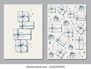 Set of cards with doodle gift boxes and sparkling stars. Doodle vector illustration.