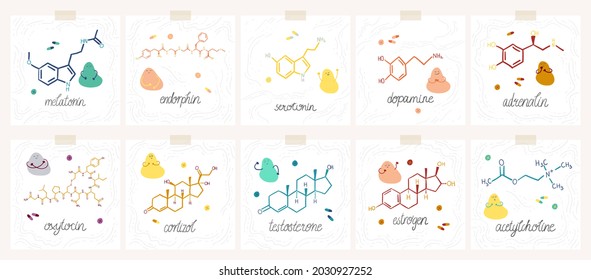 Set of cards with doodle illustration of hormones and neurotransmitters formulas, cute abstract characters and inscription. Perfect for educational and illustrative purposes. Vector.